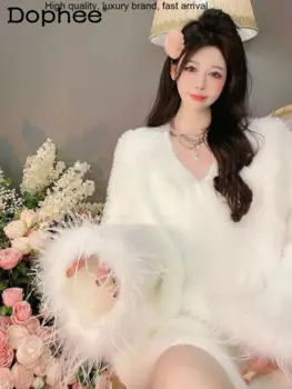 Женский вязаный Свитер оверсайз с V-образным вырезом и длинным рукавом