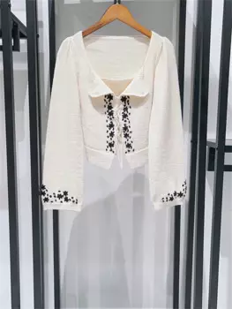 Женский вязаный свитер с цветочным принтом, вязаный свитер с квадратным вырезом и юбка миди с Боковым Разрезом на осень и зиму