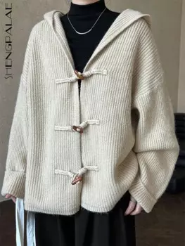 Женский вязаный свитер с капюшоном SHENGPALAE, однобортный Повседневный свободный Однотонный свитер с длинным рукавом, новинка 2024, женская одежда 5C1670