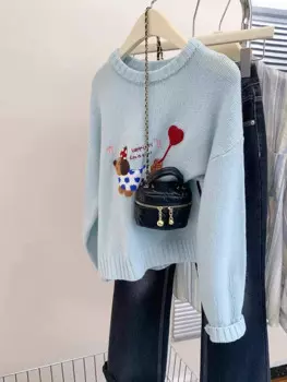 Женский вязаный свитер с вышивкой, осень-зима, новая мода, свитера с круглым вырезом и длинными рукавами, ленивый толстый пуловер, топы