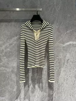 Женский вязаный свитер в студенческом стиле, модный и милый, эластичный и облегающий, темно-синий полосатый пуловер с воротником