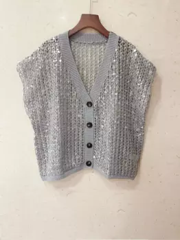 Женский вязаный топ, новинка 2024, весна-лето, дизайн с блестками, вязаная крючком, с v-образным вырезом, однобортная повседневная футболка с коротким рукавом