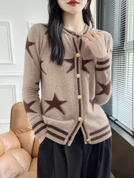 Женский вязаный жаккардовый кардиган, свободный жаккардовый кардиган в полоску с круглым вырезом, осенняя куртка большого размера, 100%