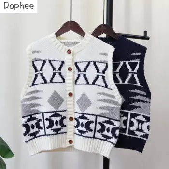 Женский вязаный жилет Dophee, новый осенне-зимний Кардиган с геометрическим узором, винтажный свободный свитер без рукавов, жилет