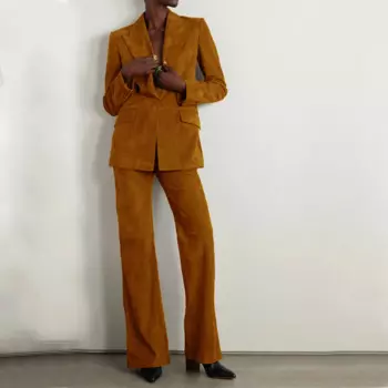 Женский замшевый костюм, элегантный женский комплект из двух предметов, пиджак на 1 пуговице + брюки, офисный костюм, Блейзер, костюмы, одежда