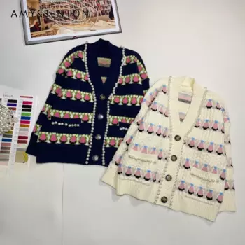 Женский жаккардовый джемпер с V-образным вырезом и бусинами