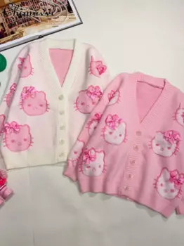 Женский жаккардовый кардиган Hello Kitty, милый элегантный свитер для девочек с объемным рисунком, свободный облегающий вязаный кардиган для студентов, Осень-зима
