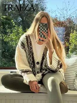 Женский жаккардовый Кардиган с длинным рукавом и V-образным вырезом