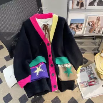 Женский жаккардовый кардиган с V-образным вырезом и карманами