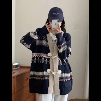 Женский жаккардовый кардиган, трикотажный жаккардовый свитер с V-образным вырезом и длинными рукавами, повседневные куртки на пуговицах из коровьего рога, весна-осень 2024