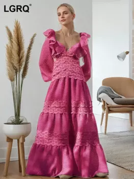 Женский жаккардовый комплект с юбкой LGRQ, полосатый Топ без бретелек с длинным рукавом, на шнуровке, в стиле пэчворк, осень 2024