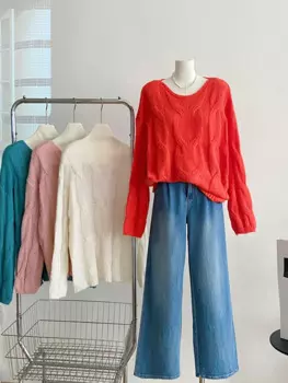 Женский жаккардовый пуловер с круглым вырезом, длинным рукавом