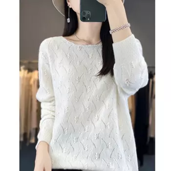 Женский жаккардовый пуловер с круглым вырезом и вырезами