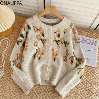 Женский жаккардовый вязаный кардиган Onalippa, контрастный однобортный Кардиган с цветочным принтом, корейский шикарный свитер