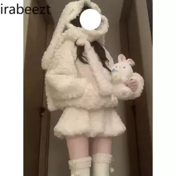 Женский зимний комплект из двух предметов, милая куртка из овечьей шерсти с кроличьими ушками и юбка с высокой талией, Осень-зима