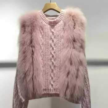 Женский Зимний вязаный пуловер с отделкой из натурального Лисьего меха, Модный женский свободный джемпер с длинным рукавом и круглым вырезом, джемперы, топы