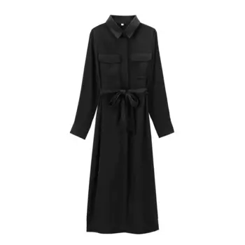 Женское 2024, новое модное атласное карманное поясное платье, длинное платье в стиле рубашки, женское платье с длинными рукавами в стиле ретро, Vestidos