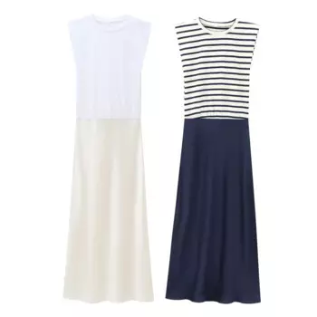 Женское 2024, новое модное атласное полосатое платье миди с круглым вырезом, женское платье без рукавов в стиле ретро Mujer