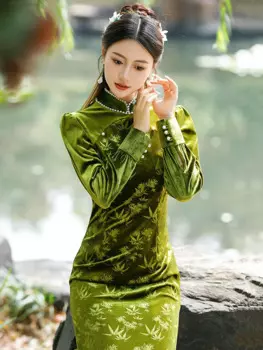 Женское элегантное бархатное платье-Ципао с длинными рукавами