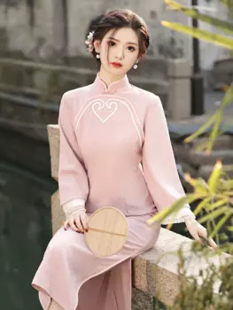 Женское элегантное платье Чонсам Young, нежное розовое весеннее Повседневное платье с длинным рукавом