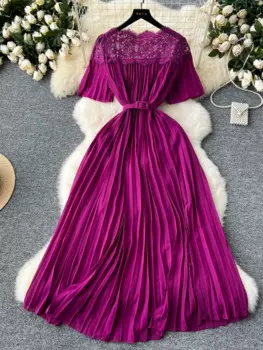 Женское элегантное Плиссированное длинное платье, летние кружевные винтажные платья в стиле пэчворк, женское французское облегающее ТРАПЕЦИЕВИДНОЕ длинное платье с коротким рукавом