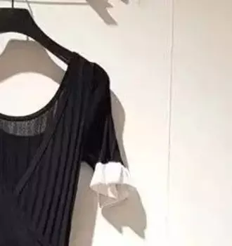 Женское элегантное вязаное платье с глубоким V-образным вырезом, привлекательное кружевное повседневное черное платье французского бренда с коротким рукавом