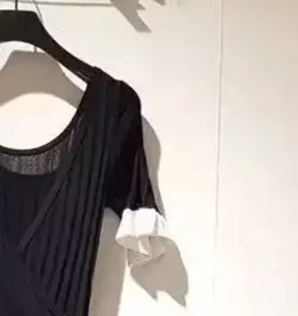 Женское элегантное вязаное платье с глубоким V-образным вырезом, привлекательное кружевное повседневное черное платье французского бренда с коротким рукавом