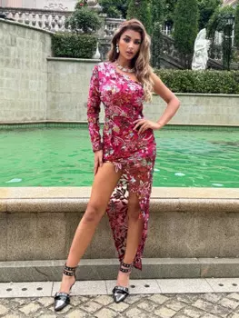 Женское асимметричное платье на одно плечо, длинное платье с блестками и цветочной вышивкой, длинное платье с длинным рукавом и высоким разрезом