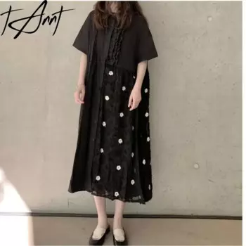 Женское асимметричное платье-рубашка в горошек