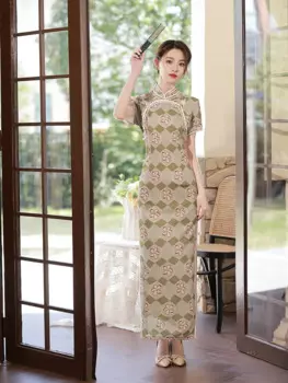 Женское атласное длинное платье-Ципао с воротником-стойкой и принтом, Модное Элегантное повседневное платье-Ципао с коротким рукавом