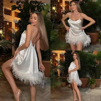 Женское атласное платье без рукавов, с лентами и перьями