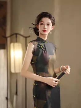 Женское атласное платье-Ципао без рукавов, с цветочным принтом