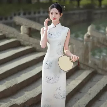 Женское атласное платье-Ципао с цветочным принтом, без рукавов