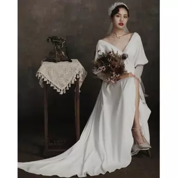 Женское атласное платье до пола, свадебное платье с V-образным вырезом и коротким рукавом