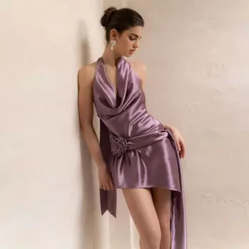 Женское атласное платье-Мини с V-образным вырезом