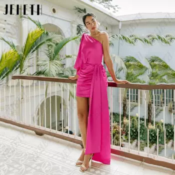 Женское атласное платье на одно плечо JEHETH, розовое Плиссированное мини-платье с рукавами-фонариками, вечернее платье на заказ Женское атласное платье на одно плечо JEHETH, розовое Плиссированное мини-платье с рукава