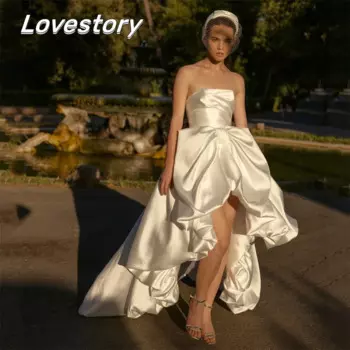 Женское атласное платье с бантом, без бретелек