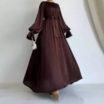 Женское атласное платье с длинным рукавом, длинным поясом