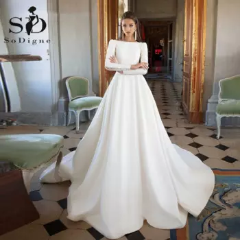 Женское атласное платье с круглым вырезом, длинным рукавом