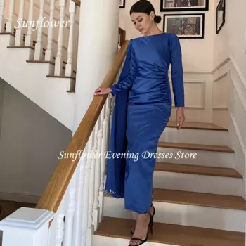 Женское атласное платье с круглым вырезом, длинным рукавом