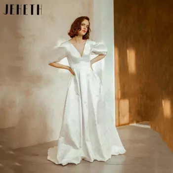 Женское атласное платье с рукавами-фонариками JEHETH, винтажное свадебное платье-трапеция с V-образным вырезом, классическое платье невесты, индивидуальный пошив Женское атласное платье с рукавами-фонариками JEHETH, ви