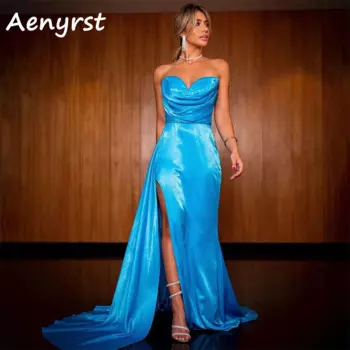 Женское атласное платье в пол, с разрезом сбоку