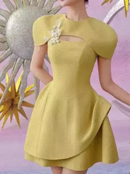 Женское ажурное мини-платье, желтое элегантное лоскутное платье, облегающее подиумное платье с коротким рукавом в уличном стиле