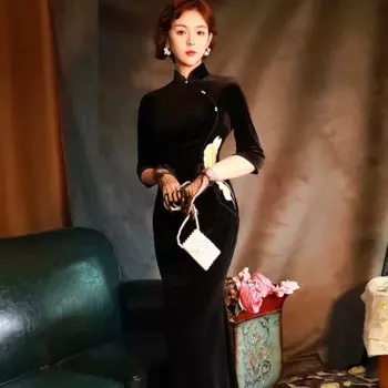 Женское бархатное платье-Ципао с длинным рукавом, черное шелковое платье-русалка в стиле ретро, осень 2024