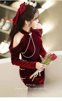 Женское бархатное платье-Ципао с открытыми плечами и длинным рукавом