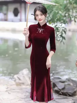 Женское бархатное платье-Ципао с отложным воротником и рукавами