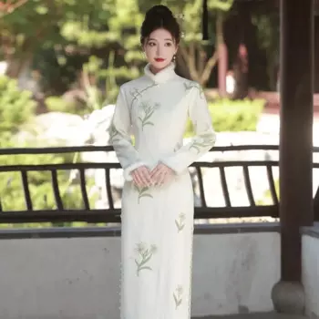 Женское бархатное платье-Ципао с вышивкой, Осень-зима