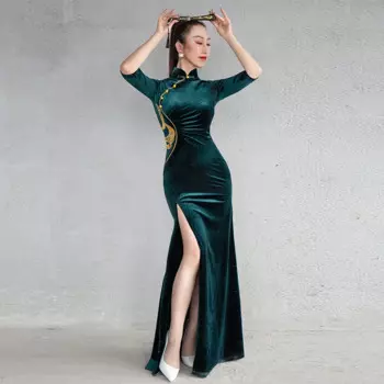 Женское бархатное платье-Ципао с вышивкой и коротким рукавом