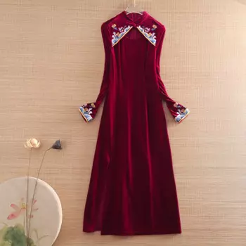 Женское бархатное платье-Ципао с вышивкой, элегантное приталенное вечернее платье в стиле ретро, Осень-зима