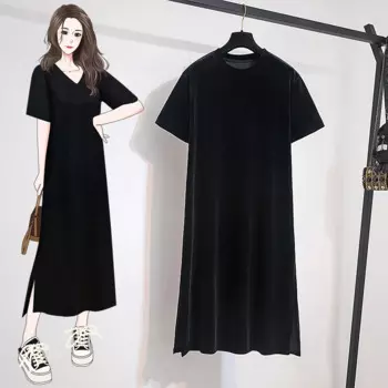 Женское бархатное платье-футболка с V-образным вырезом и коротким рукавом